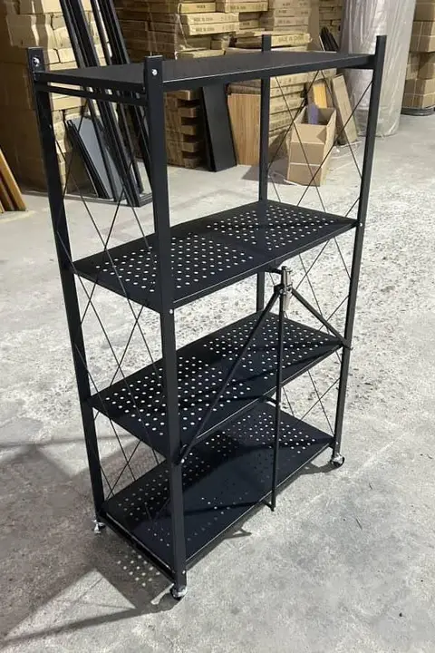 A black folding rack with four shelves.